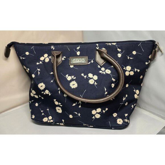Chaps Handbags - Chaps Navy Blue Floral Tote Bag With Brown Handles & Zipper Closure